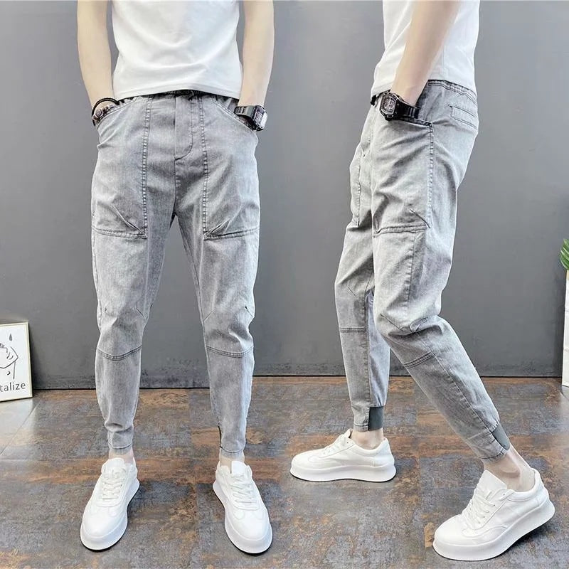Summer men's thin foot casual jeans pants solid color elastic bouques spirit small guy foot trend men's pants aidase-shop