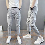 Summer men's thin foot casual jeans pants solid color elastic bouques spirit small guy foot trend men's pants aidase-shop