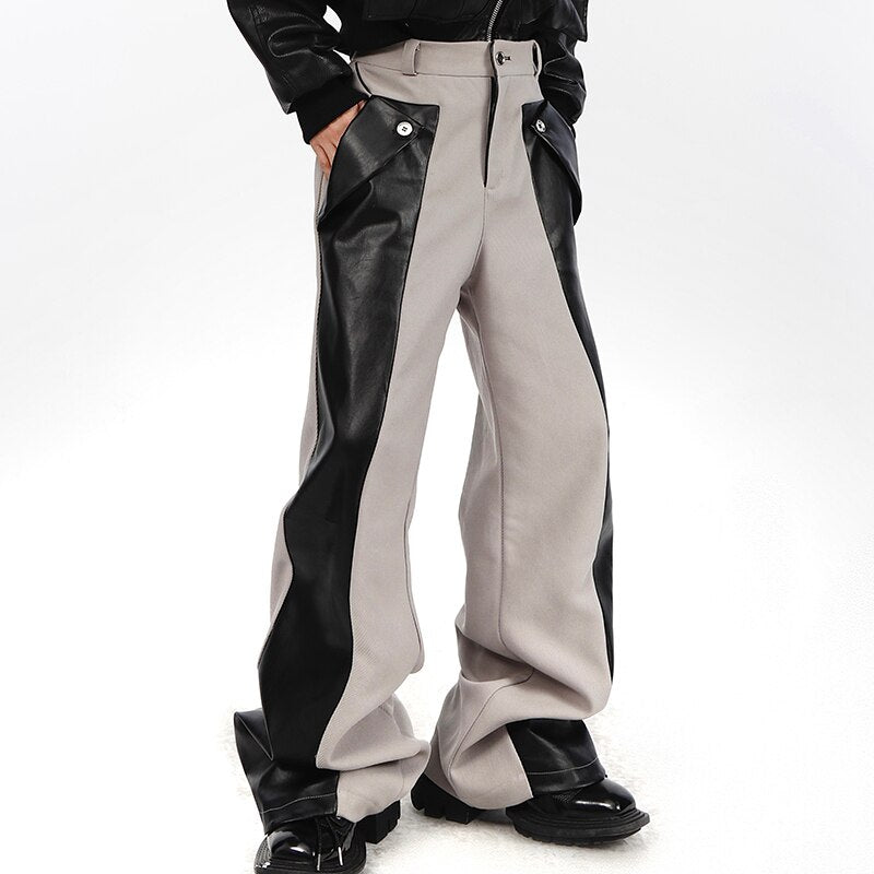 Niche Split Trousers PU Leather Splicing Design Casual Pants Loose High Straight Contrast Color Male Fashion Winter aidase-shop