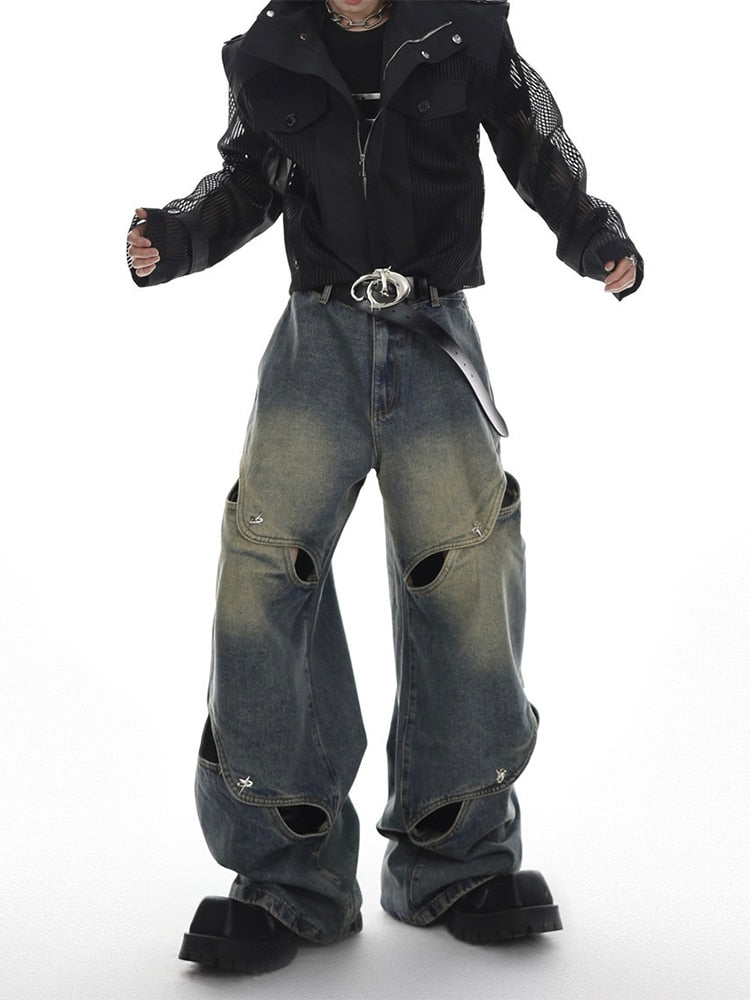 Wide Leg Jeans Pants Men Streetwear Baggy Distressed Denim Trousers Male Oversize Hollow Out Casual Korean Hip Hop aidase-shop