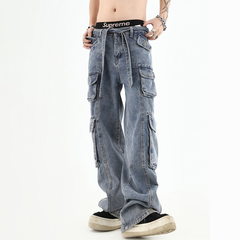 Vintage Cargo Jeans Men Denim Trousers Male Distressed Vintage Pants Streetwear Hip Hop Pocket Safari Style Casual aidase-shop