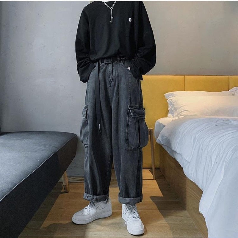 Baggy Jeans Trousers Male Denim Pants Black Wide Leg Pants Men's Jeans Loose Casual Korean Streetwear Hip Hop Harajuku aidase-shop