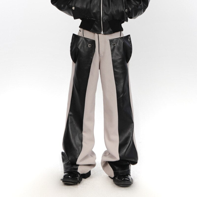 Niche Split Trousers PU Leather Splicing Design Casual Pants Loose High Straight Contrast Color Male Fashion Winter aidase-shop