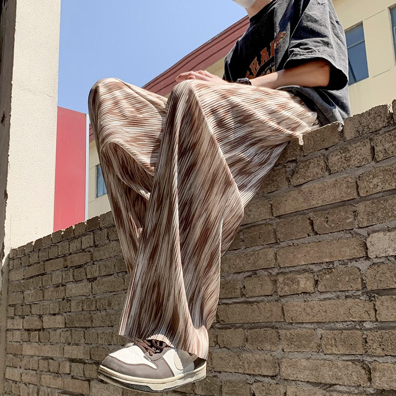 Pleated Pants Men's Fashion Retro Casual Pants Men Japanese Streetwear Loose Hip-hop Wide-leg Pants Mens Ice Silk Trousers M-3XL aidase-shop