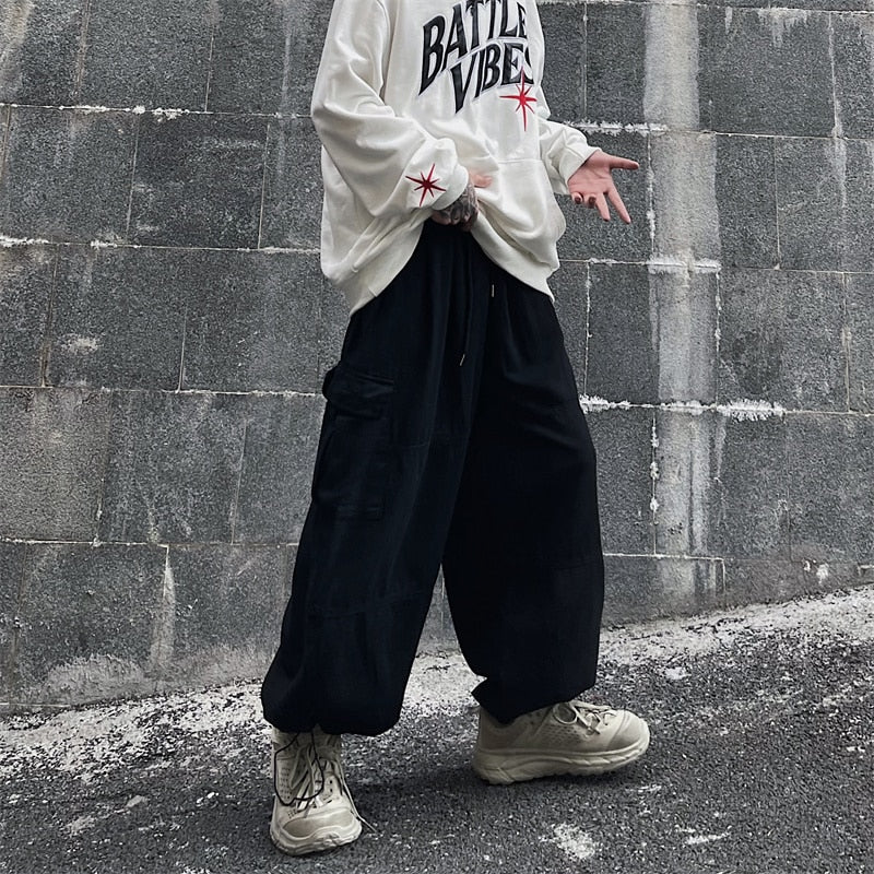 Aidase  Big Pocket Cargo Pants Men's Casual Solid Color Straight Pants Baggy Wide-leg Ankle-length Pants Men Elastic Waist  cargo Pants aidase-shop