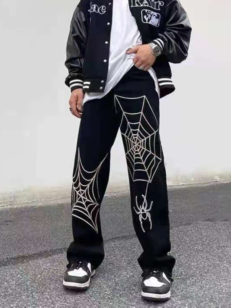 Summer Spider Web Embroidery Straight Casual Jeans Pants Men Women Vibe Style Ripped Loose Denim Trousers  New Streetwear aidase-shop