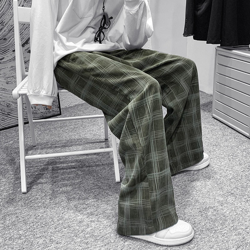 Autumn Corduroy Pants Men Fashion Retro Casual Plaid Pants Men Streetwear Hip Hop Loose Straight Trousers Male Large Size S-5XL aidase-shop