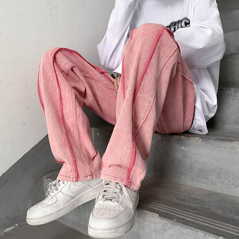 White Black Pink Jeans Men Fashion Casual Baggy Straight Jeans Men Streetwear Loose Hip Hop Denim Pants Mens Trousers M-2XL aidase-shop