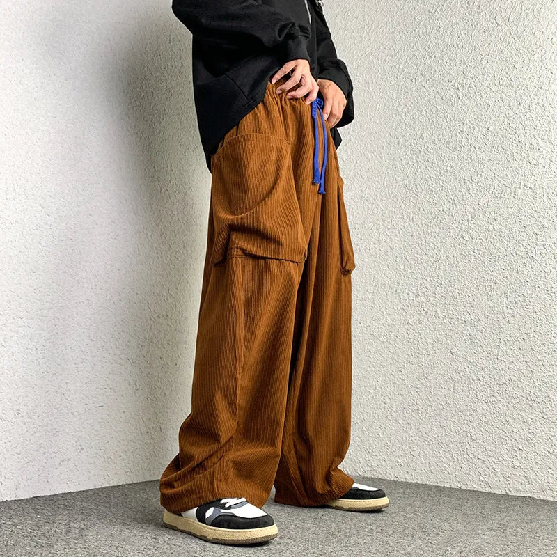 High Street Corduroy Oversized Men's Harem Pants Fashion Design Loose Straight Casual Trousers Drawstring Hip Hop Pants aidase-shop