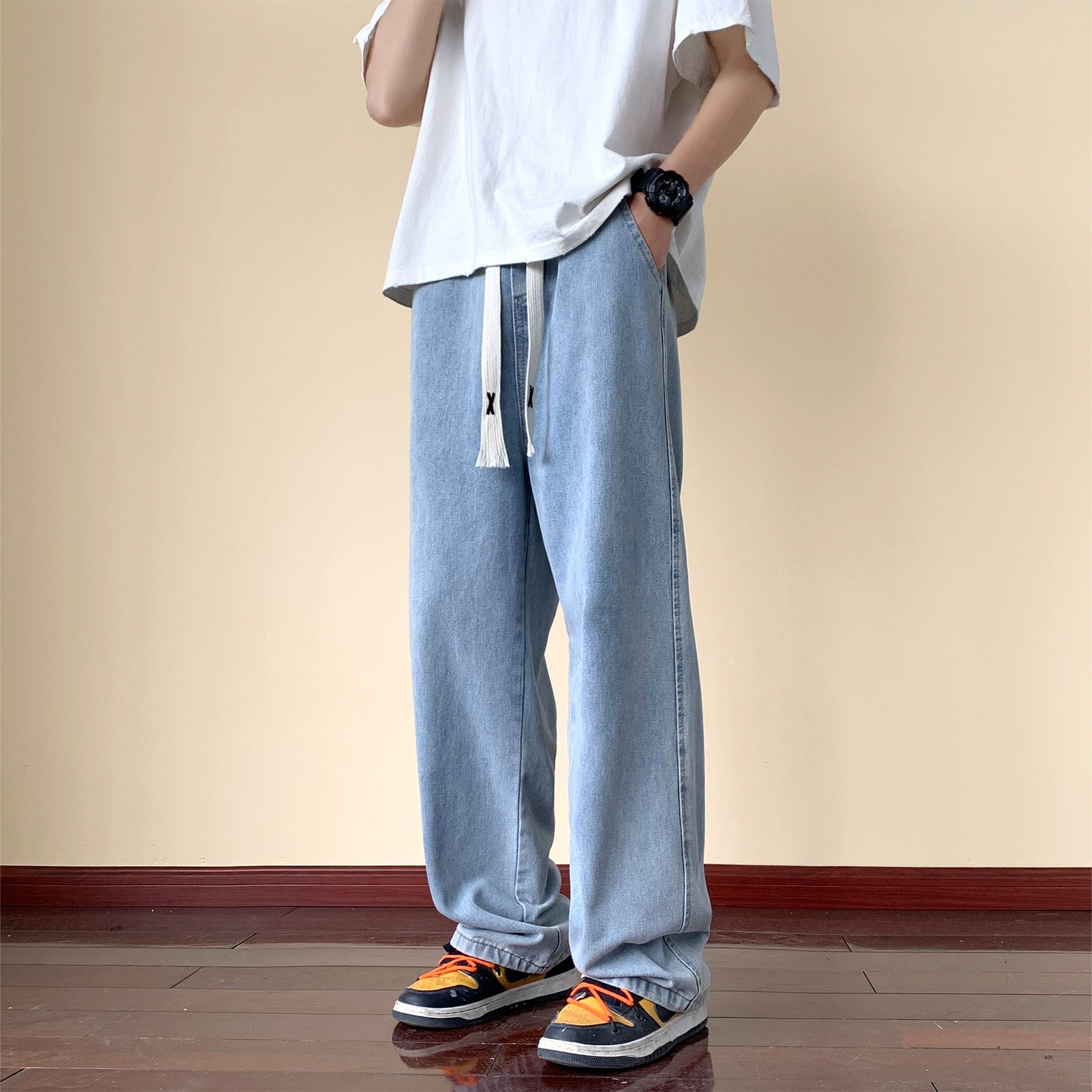 Japanese Style Trend Y2k Baggy Straight Jeans Men's Summer New Wide Leg Solid Color Casual Denim Pants Male High Street Trousers aidase-shop