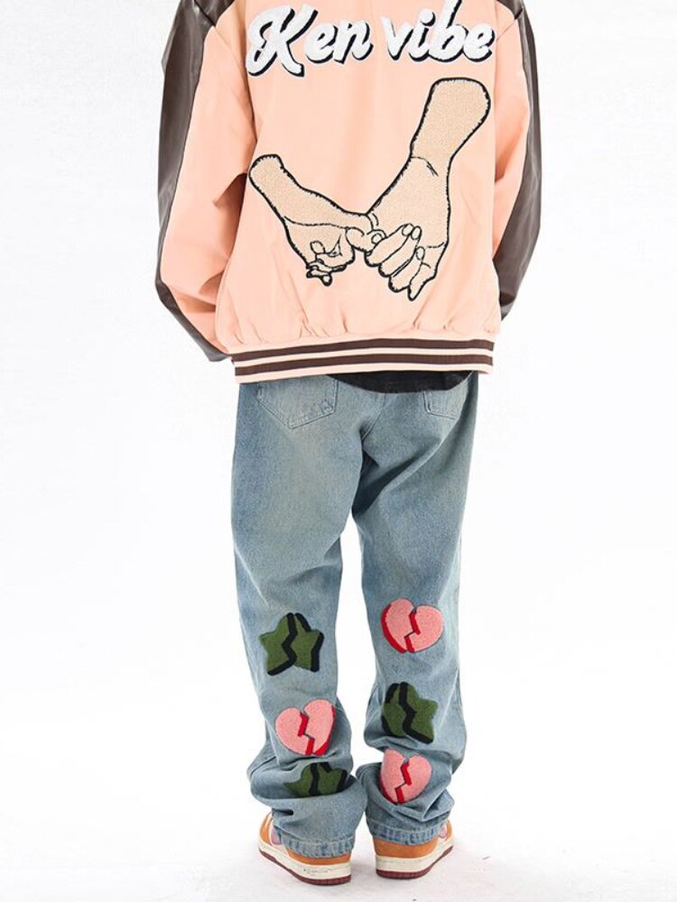 Y2K Hip Hop Retro Heart Embroidery Straight Jeans Men New Fashion Casual Harajuku Punk Gothic Loose Wide Leg Pants Streetwear aidase-shop