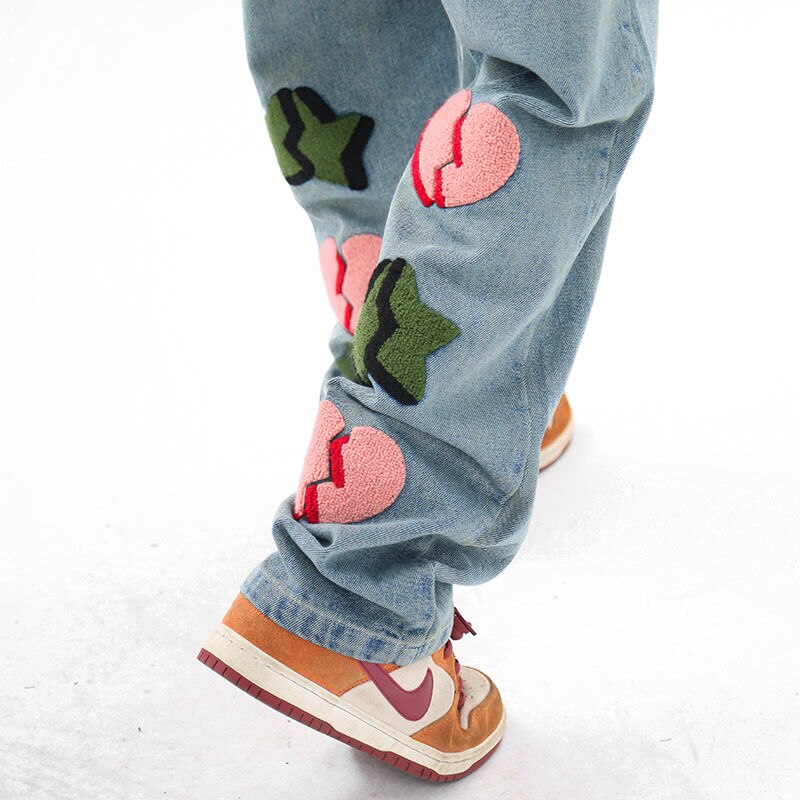 Y2K Hip Hop Retro Heart Embroidery Straight Jeans Men New Fashion Casual Harajuku Punk Gothic Loose Wide Leg Pants Streetwear aidase-shop