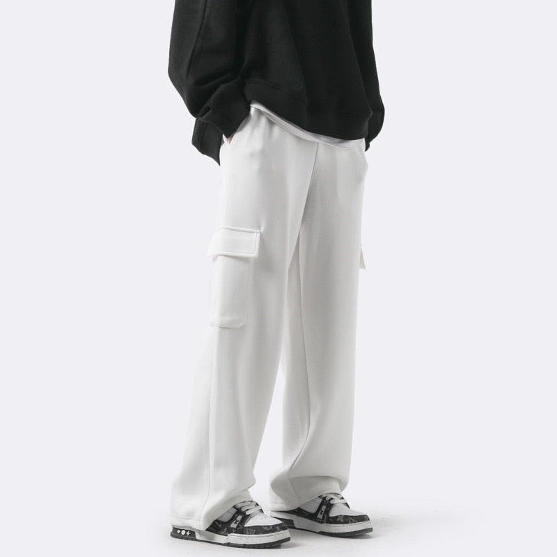 Grey White Cargo Pants Men Fashion Pocket Casual Pants Men Japanese Streetwear Loose Straight Pants Mens Joggers Trousers M-2XL aidase-shop