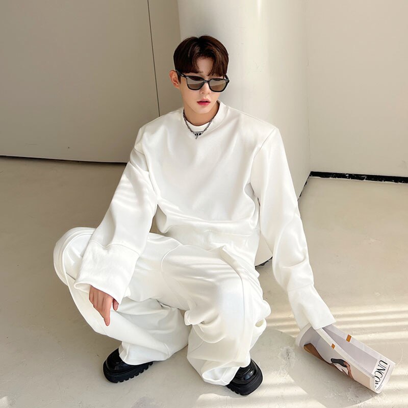 Casual Sports Suit Shoulder Pad Round Collar Pullover Sweatshirt Loose Straight Fold Pants Solid Color Two-piece Set aidase-shop