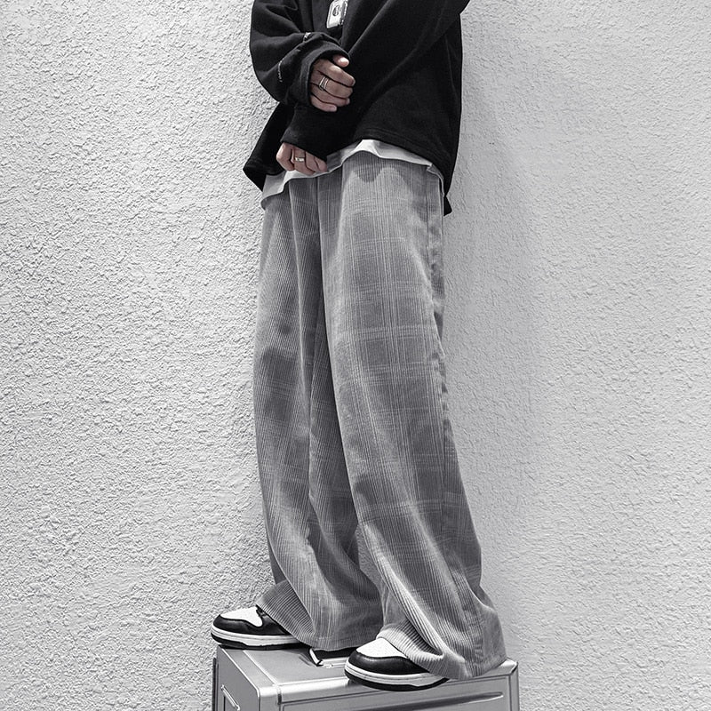 Autumn Corduroy Pants Men Fashion Retro Casual Plaid Pants Men Streetwear Hip Hop Loose Straight Trousers Male Large Size S-5XL aidase-shop