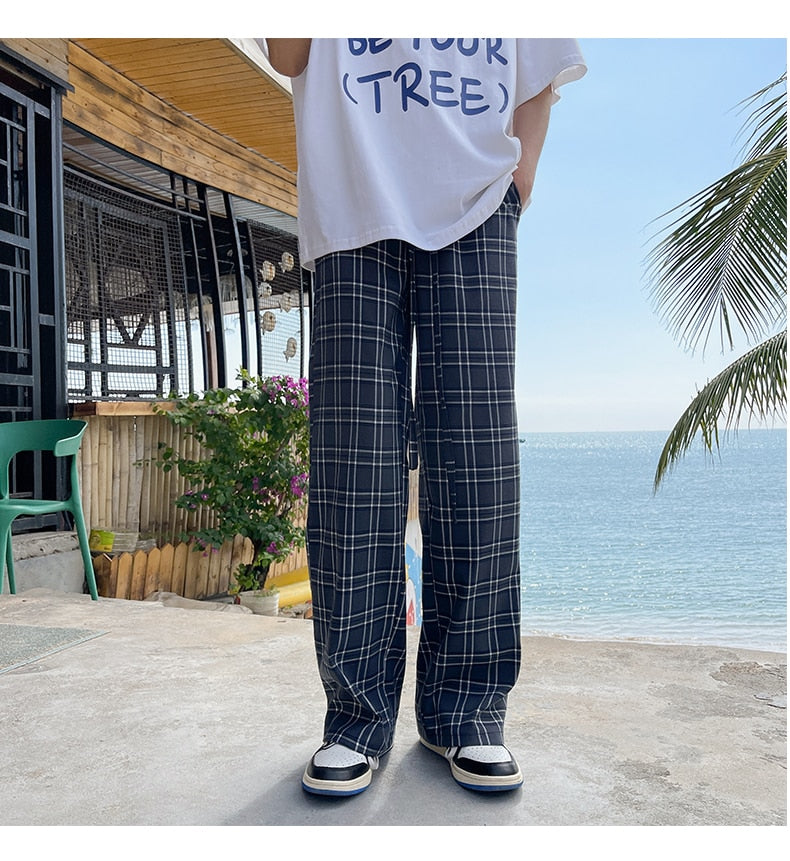 Spring Cotton Casual Pants Men Fashion Retro Oversized Plaid Pants Men Streetwear Loose Wide Leg Pants Mens Straight Trousers aidase-shop