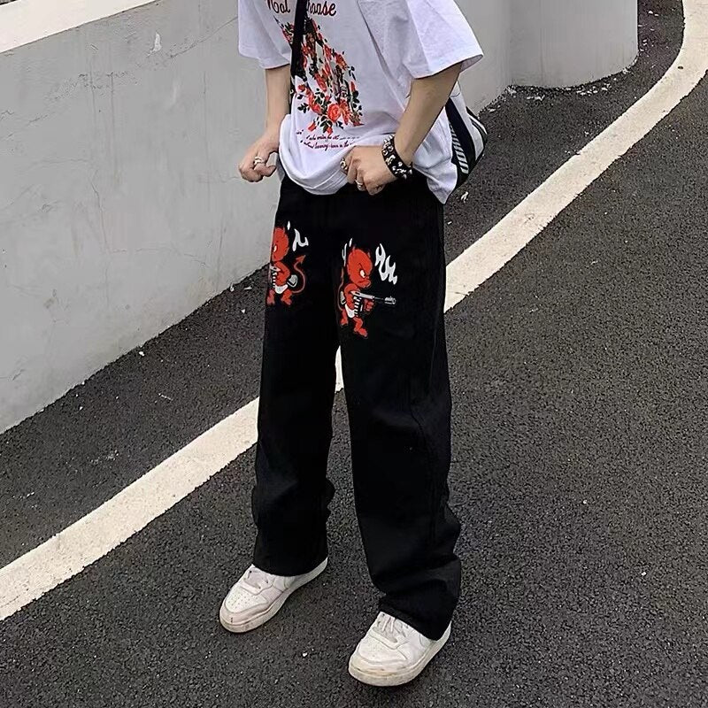 Y2K Hip-hop Demon Print Oversized Jeans Pants Men New Fashion Casual Harajuku Gothic Loose Straight Stacked Trousers Streetwear aidase-shop