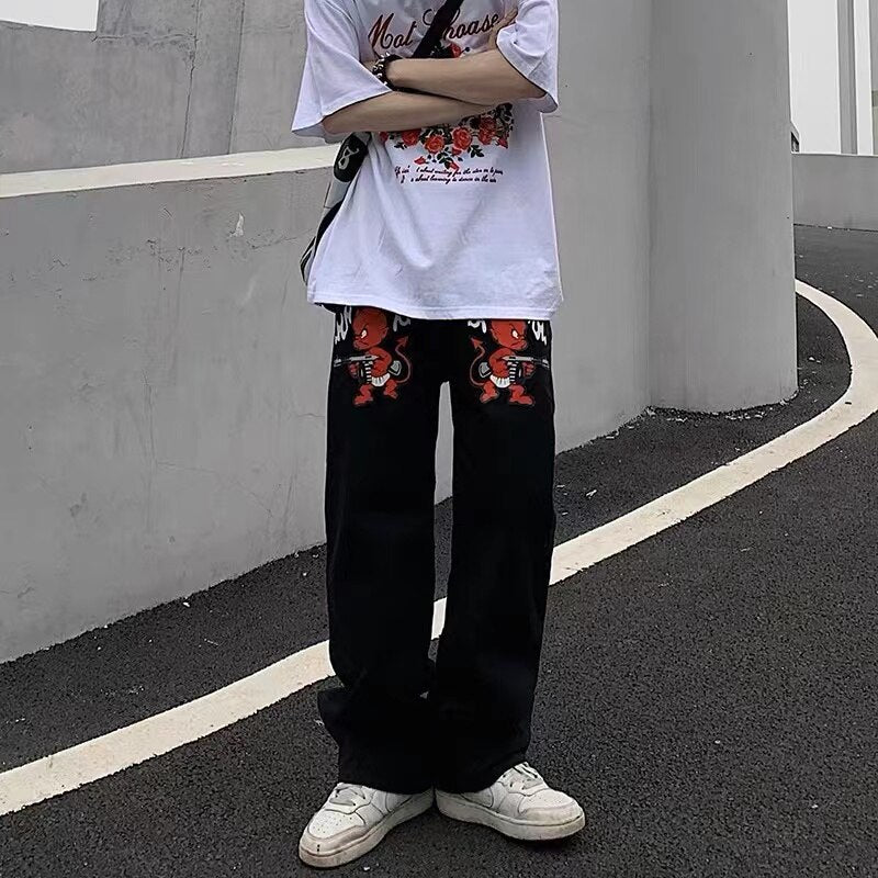 Y2K Hip-hop Demon Print Oversized Jeans Pants Men New Fashion Casual Harajuku Gothic Loose Straight Stacked Trousers Streetwear aidase-shop
