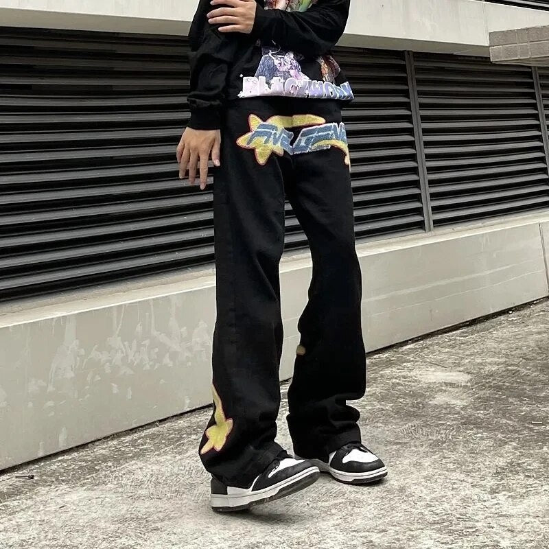 Y2K Hip-hop Demon Print Oversized Jeans Pants Men New Fashion Casual Harajuku Gothic Loose Straight Stacked Trousers Streetwear aidase-shop