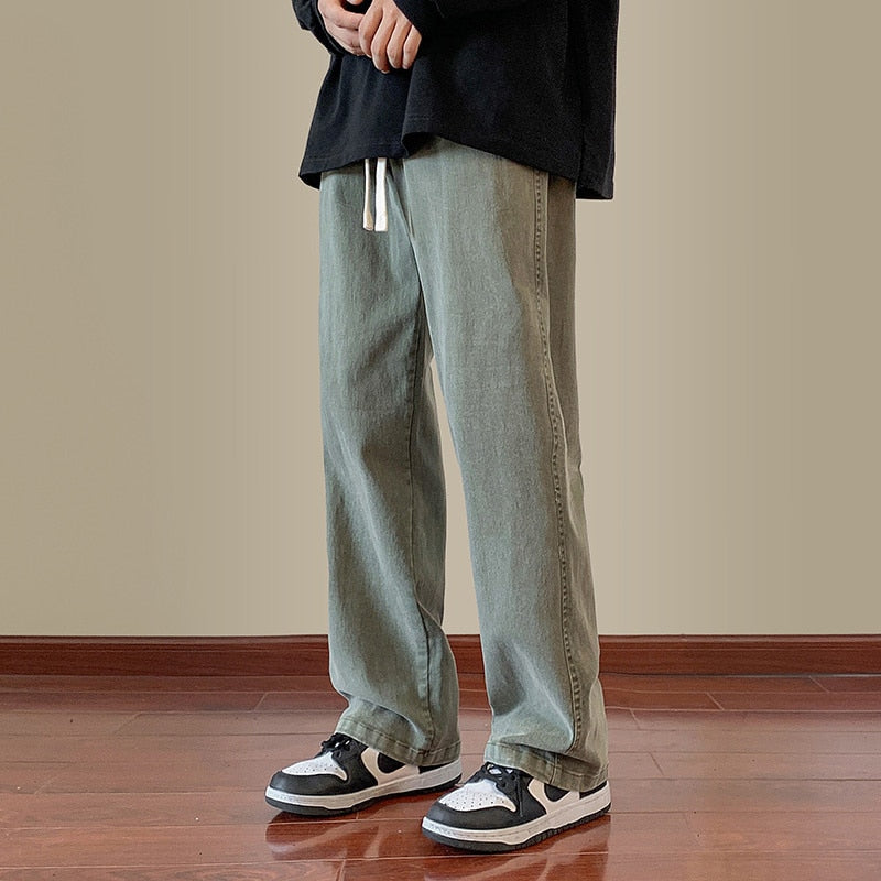 Vintage Drawstring Men Jeans High Street Fashion Design Straight Denim Pants Hip Hop Male Casual Trousers aidase-shop