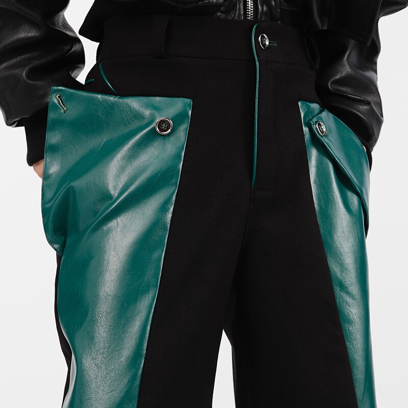 Niche Split Trousers PU Leather Splicing Design Casual Pants Loose High Straight Contrast Color Male Fashion Winter aidase-shop
