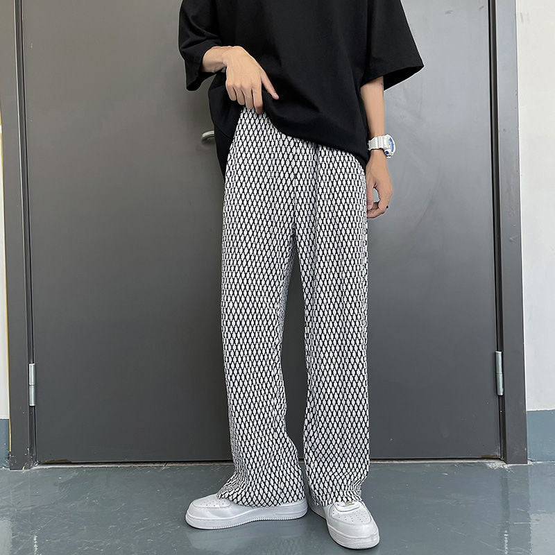 S-5XL Pleated Pants Men Fashion Casual Plaid Pants Men Streetwear Korean Loose Straight Ice Silk Pants Mens Plus Size Trousers aidase-shop