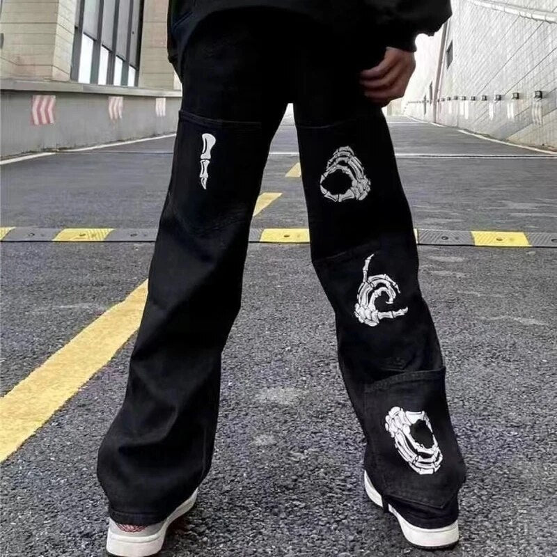 Y2K Hip-hop Demon Print Oversized Jeans Pants Men New Fashion Casual Harajuku Gothic Loose Straight Stacked Trousers Streetwear aidase-shop