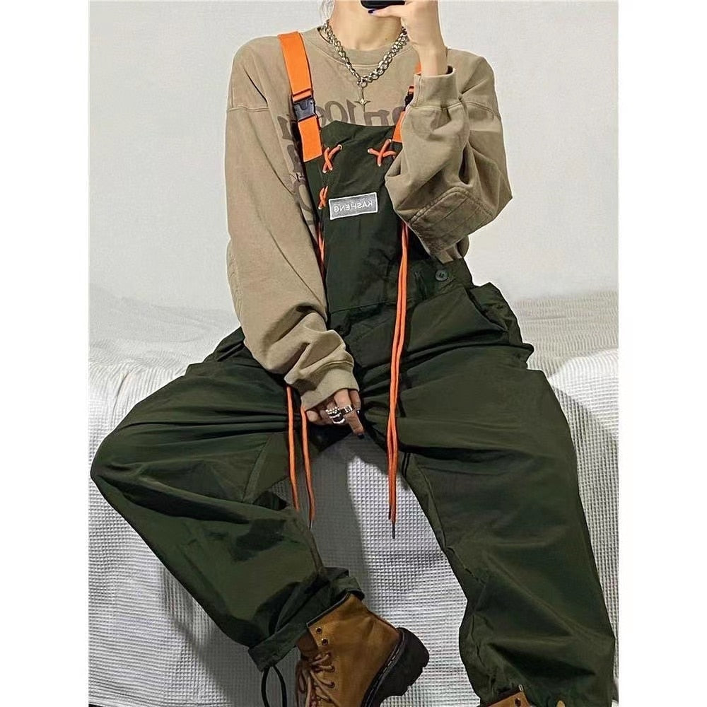 2022 Men's Fashion Retro Army Green Work Suspenders American Streetwear Casual Pants Loose Fashion Trousers Romper Jumpsuit aidase-shop
