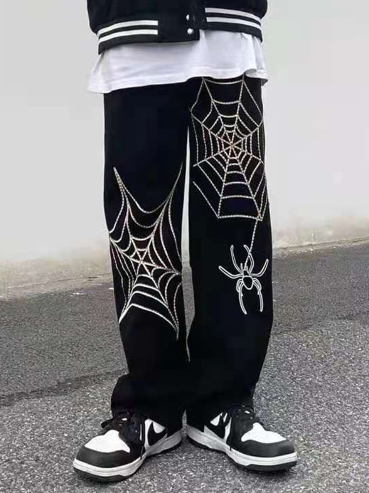 Summer Spider Web Embroidery Straight Casual Jeans Pants Men Women Vibe Style Ripped Loose Denim Trousers  New Streetwear aidase-shop