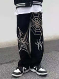 Summer Spider Web Embroidery Straight Casual Jeans Pants Men Women Vibe Style Ripped Loose Denim Trousers  New Streetwear aidase-shop