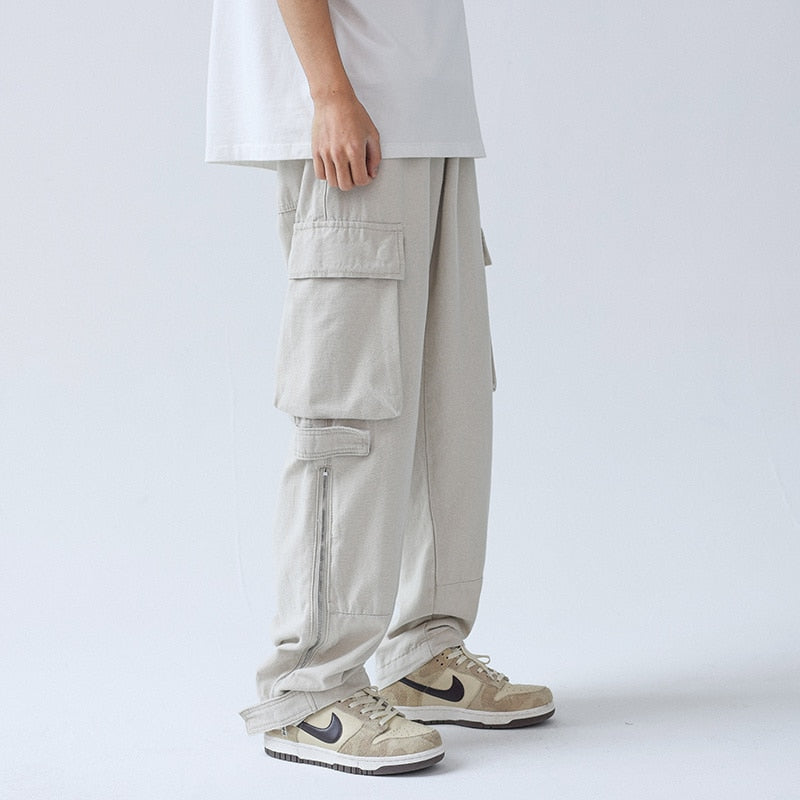 Black/Beige Cargo Pants Men Fashion Pocket Casual Pants Mens Japanese Streetwear Loose Hip Hop Straight Pants Mens Trousers aidase-shop