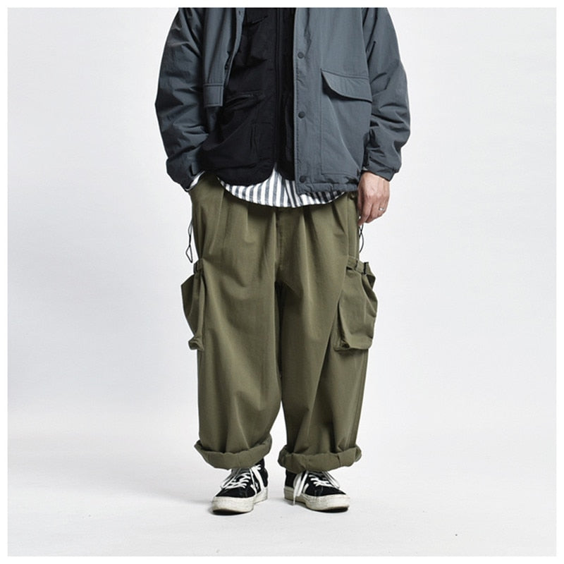 Multi Pocket Cargo Pants Mens Work Pants Safari Style Casual Wide Leg Pants Men Solid Color Baggy Trousers aidase-shop
