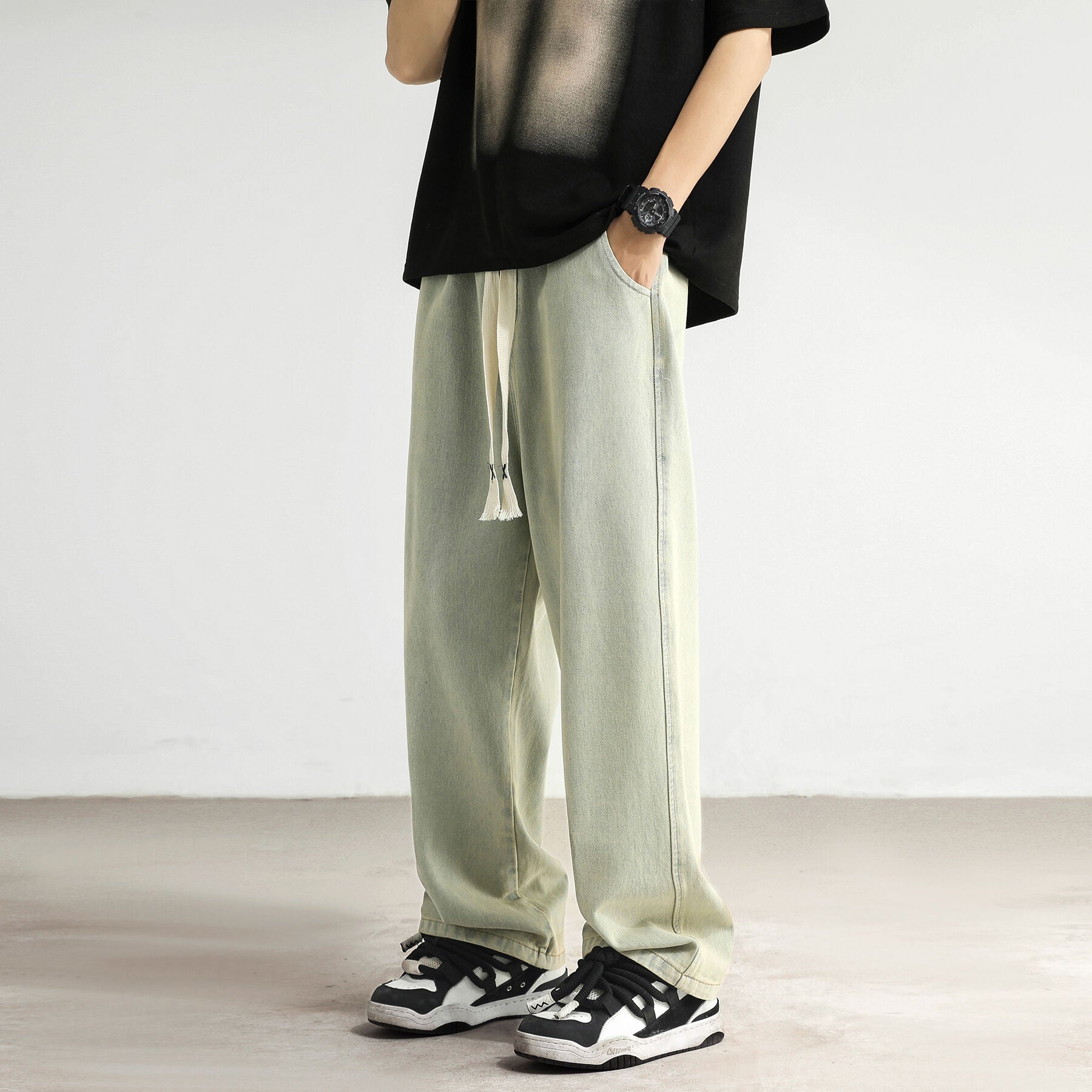 New Jeans Men's Loose Straight Tube Slim Fitting Drawstring Wide Leg Pants Streetwear Oversized Casual Denim Trousers aidase-shop