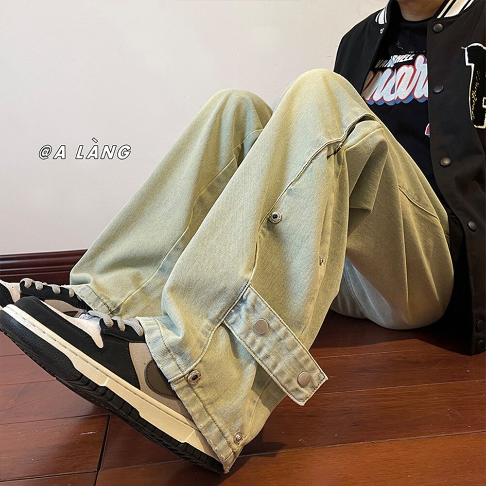Vintage Distressed Jeans Side Button Pants Men Black Denim Trousers Male Autumn Loose Casual Japanese Streetwear Hip Hop aidase-shop