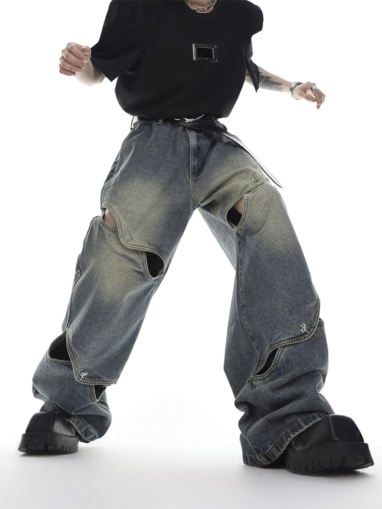 Wide Leg Jeans Pants Men Streetwear Baggy Distressed Denim Trousers Male Oversize Hollow Out Casual Korean Hip Hop aidase-shop