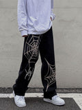 Summer Spider Web Embroidery Straight Casual Jeans Pants Men Women Vibe Style Ripped Loose Denim Trousers  New Streetwear aidase-shop