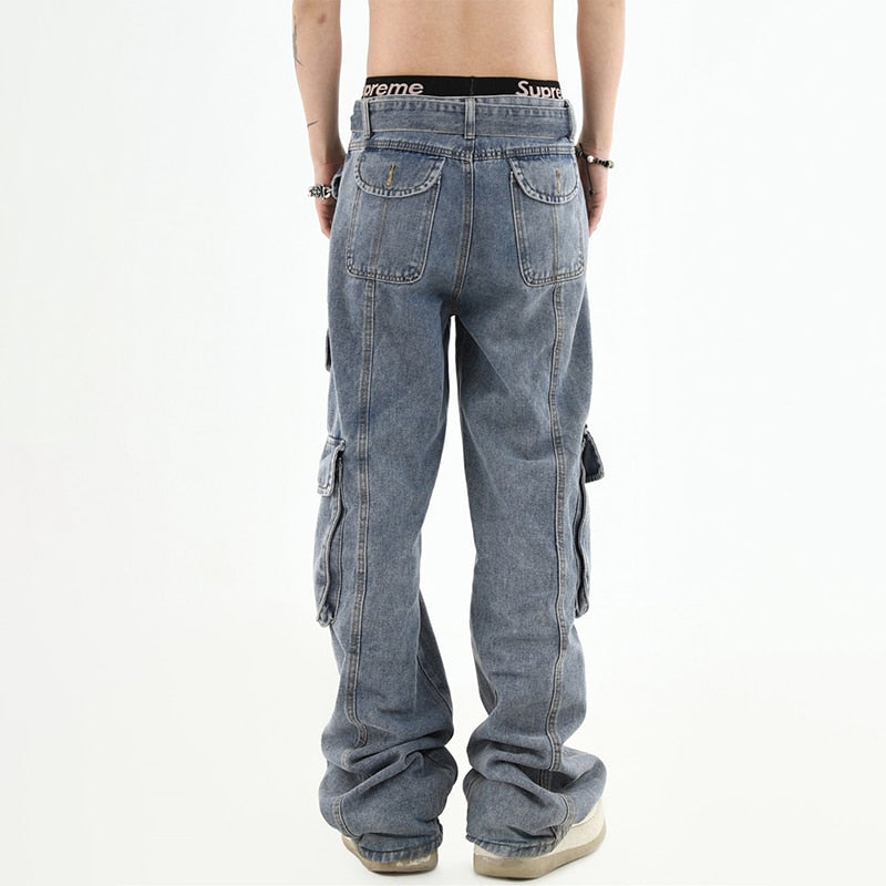 Vintage Cargo Jeans Men Denim Trousers Male Distressed Vintage Pants Streetwear Hip Hop Pocket Safari Style Casual aidase-shop