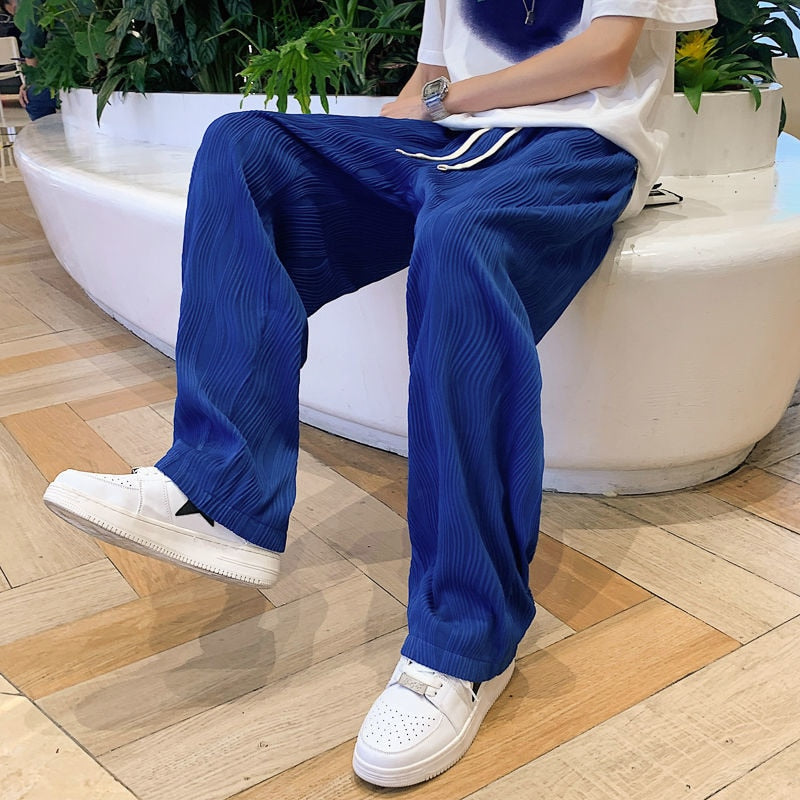 3-color Pleated Pants Men Fashion Casual Wide-leg Pants Mens Japanese Streetwear Loose Straight Ice Silk Pants Mens Trousers aidase-shop