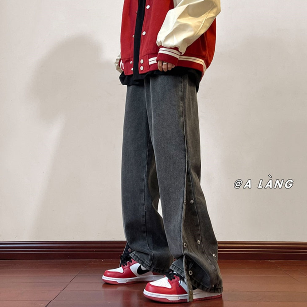 Vintage Distressed Jeans Side Button Pants Men Black Denim Trousers Male Autumn Loose Casual Japanese Streetwear Hip Hop aidase-shop
