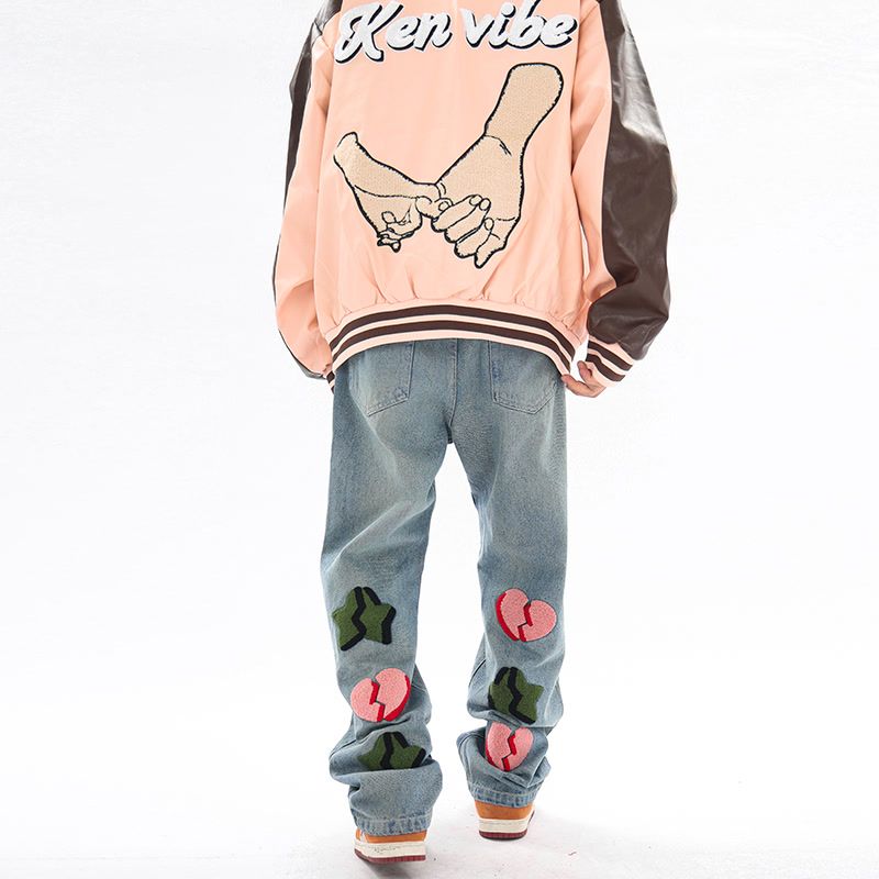 Y2K Hip Hop Retro Heart Embroidery Straight Jeans Men New Fashion Casual Harajuku Punk Gothic Loose Wide Leg Pants Streetwear aidase-shop
