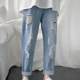 Men Pants Solid Color Ripped Mid Waist Casual Students Jeans for Daily Wear