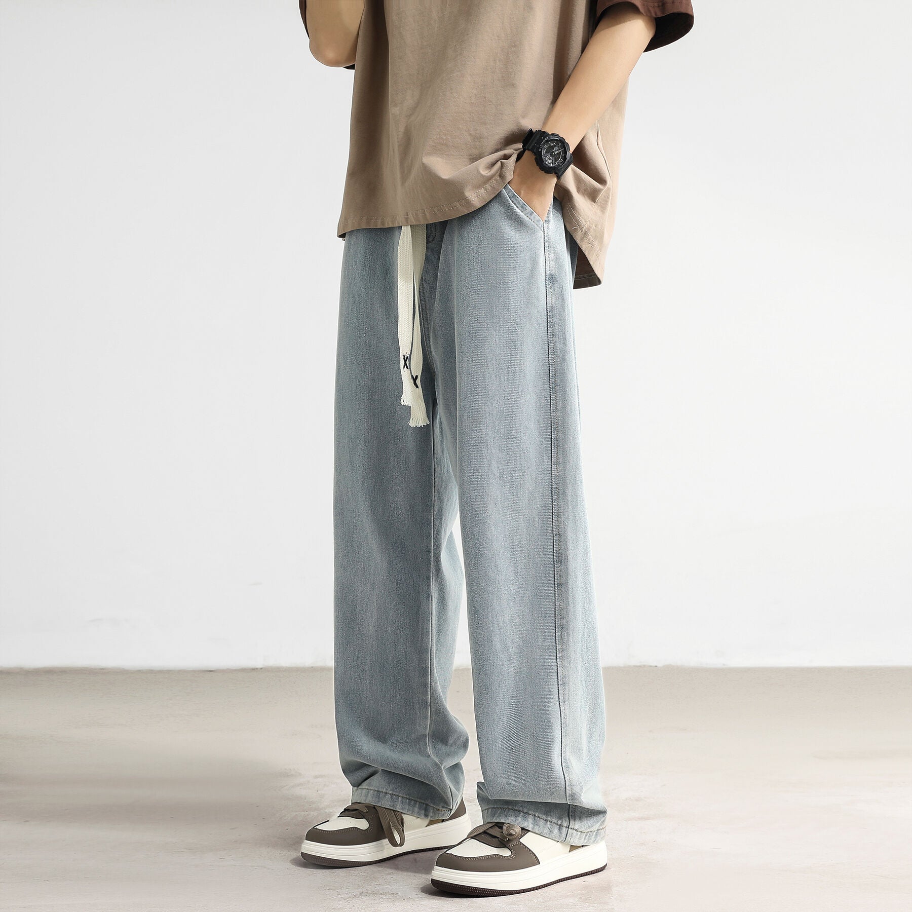 New Jeans Men's Loose Straight Tube Slim Fitting Drawstring Wide Leg Pants Streetwear Oversized Casual Denim Trousers aidase-shop