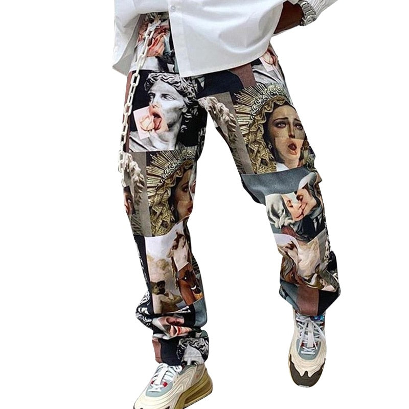Men Pants Spring/Autumn Streetwear Printed Pants Straight Loose Mid Waist Casual Trousers Men Fashion Full Length Pants aidase-shop
