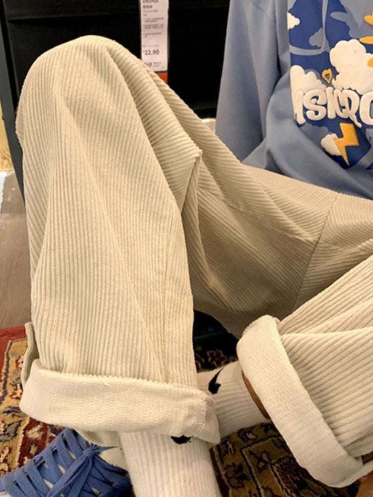 Corduroy Trend Wide Leg Pants Men 2023 Autumn Winter New Preppy Patch Design Korean Casual Sports Pants Loose Straight Trousers aidase-shop