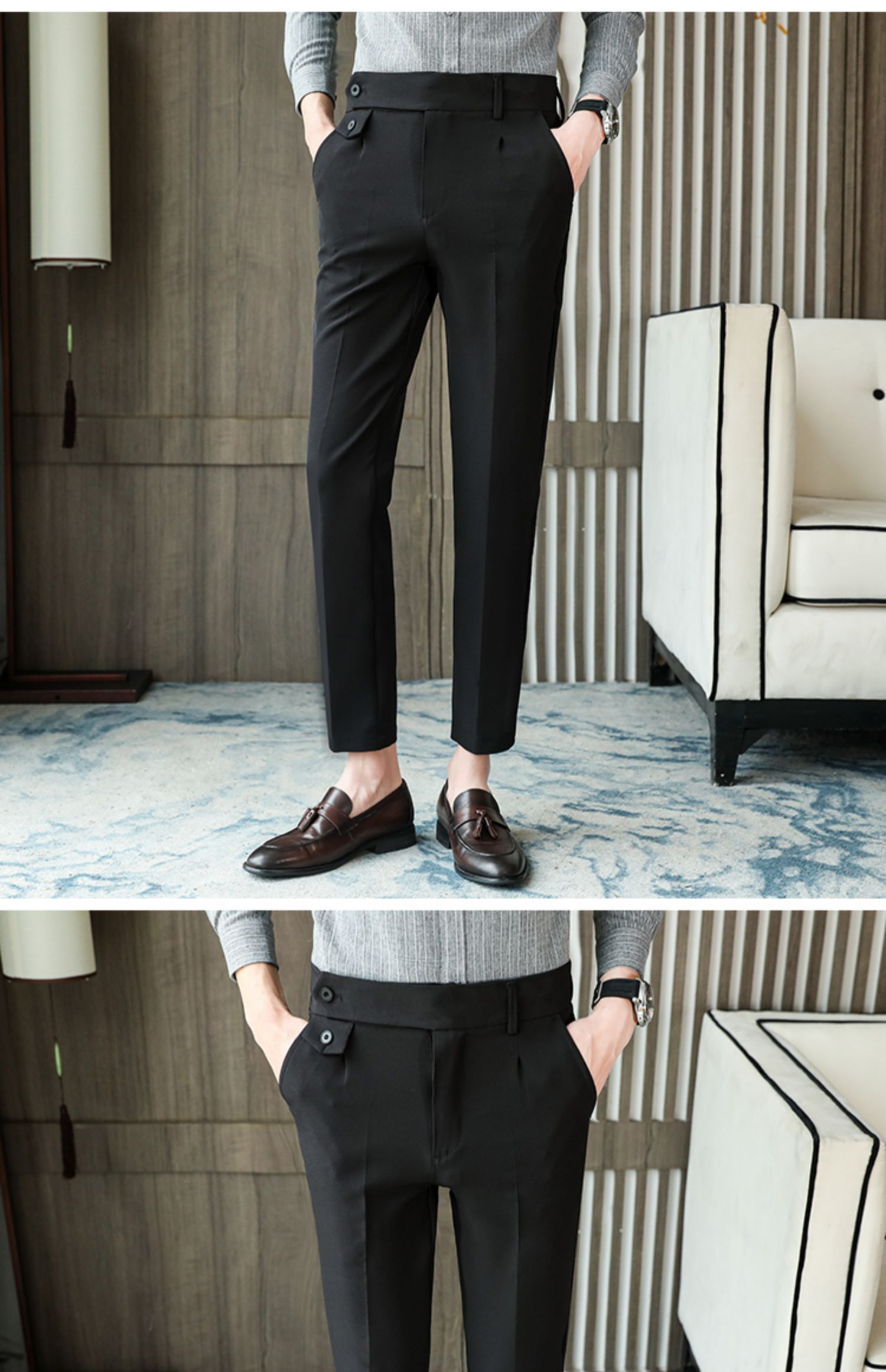 Aidase   2022 Brand Clothing Men Spring Stylecasual Nine Cent Trousers/Male Slim Fit High-Grade Pure Cotton Stripe Suit Pants Black Beige aidase-shop