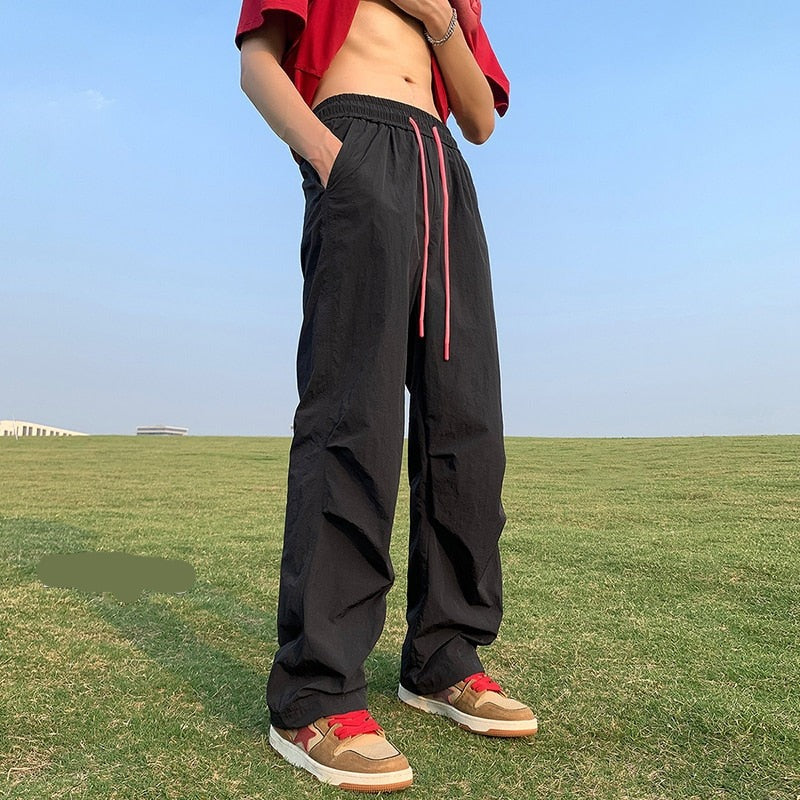 American Trend Y2k Parachute Casual Pants Mens Baggy Solid Color Quick Drying Cargo Pants Waterproof Ice Silk Straight Trousers aidase-shop