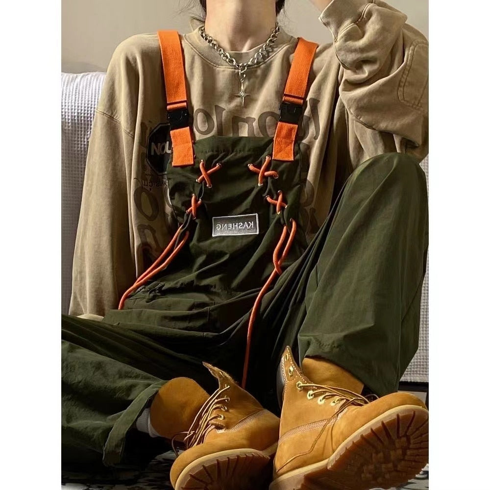 2022 Men's Fashion Retro Army Green Work Suspenders American Streetwear Casual Pants Loose Fashion Trousers Romper Jumpsuit aidase-shop