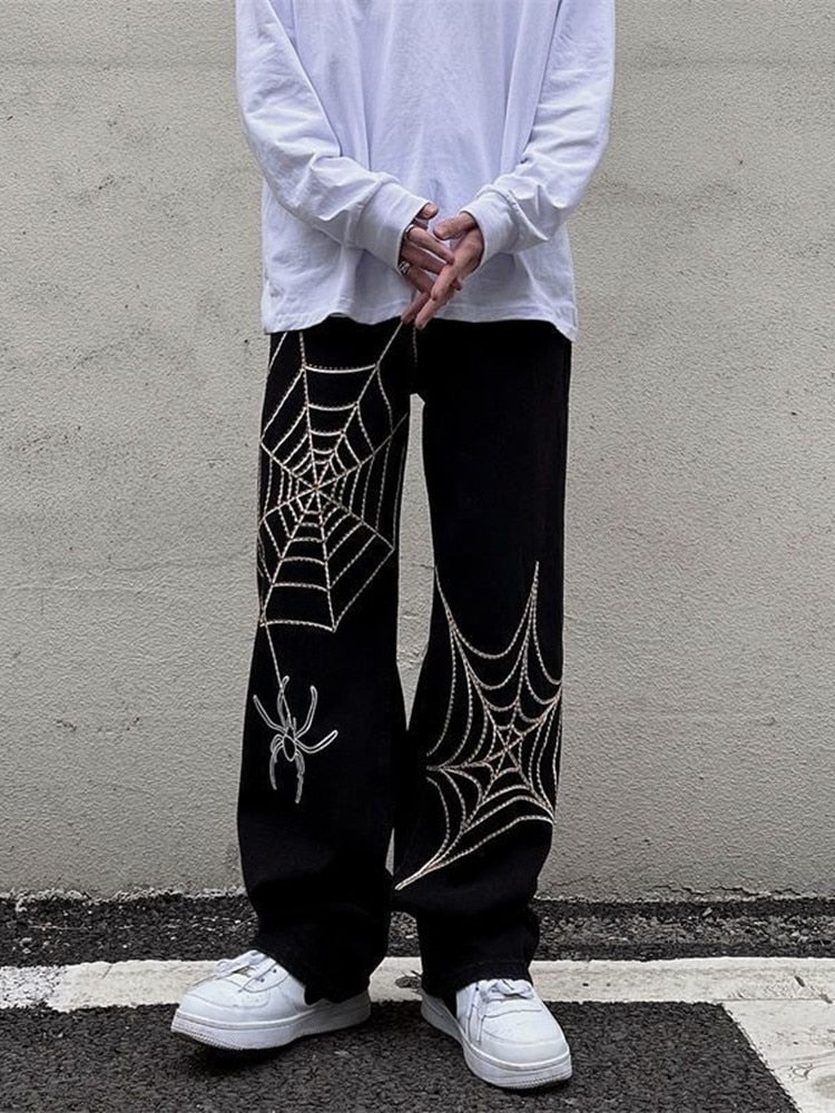 Summer Spider Web Embroidery Straight Casual Jeans Pants Men Women Vibe Style Ripped Loose Denim Trousers  New Streetwear aidase-shop