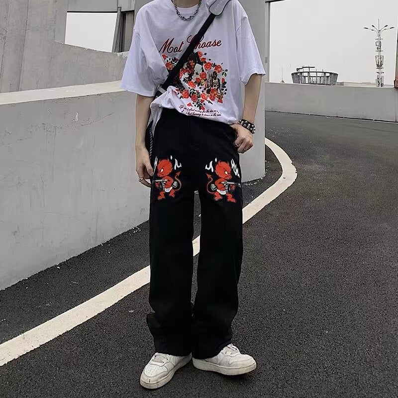 Y2K Hip-hop Demon Print Oversized Jeans Pants Men New Fashion Casual Harajuku Gothic Loose Straight Stacked Trousers Streetwear aidase-shop