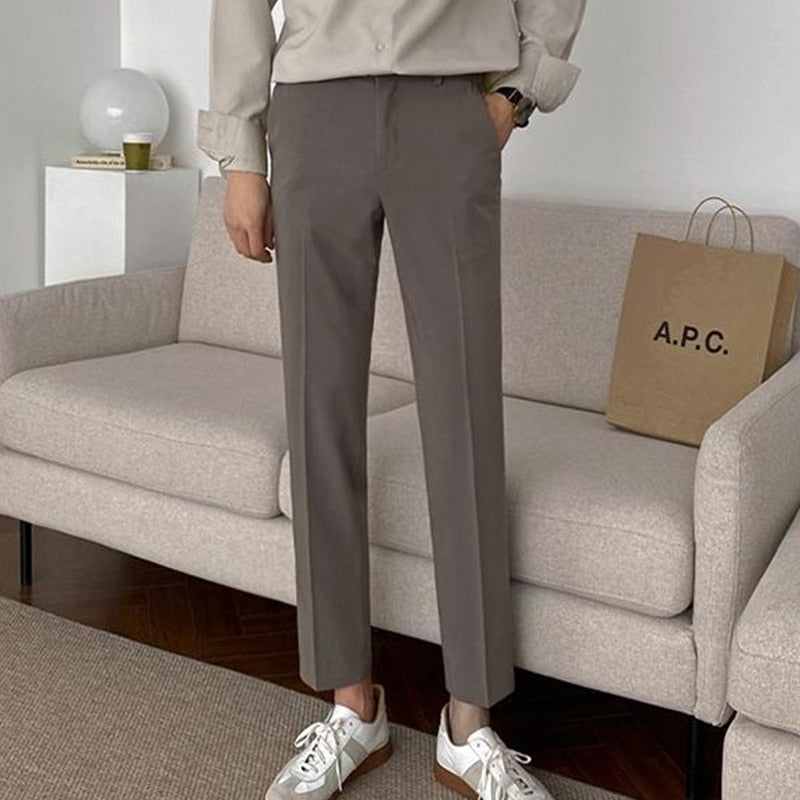 Fashion Solid Men's Nine Points Suit Pants Slim Casual Man Straight Pencil Pants All-Match Men Trousers Spring New aidase-shop